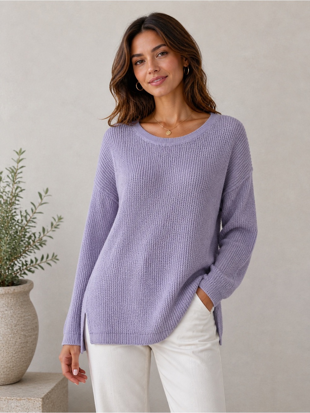 Vince Lilac Purple Knit Cotton/Cashmere Women's Sweater - Crewneck Pullover